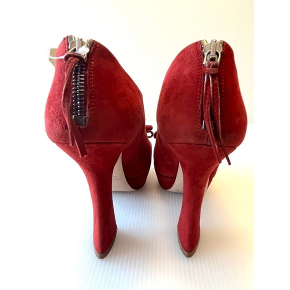 Miu Miu Red Suede Peep Toe Heels w/ Bows, Size 38.5 (IT), 8.5 (US) - Picture 6 of 10